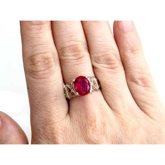 Modernist Natural Ruby Gemstone Geometric Sterling Silver Vintage Ring - sz 8 - Picture 9 of 10